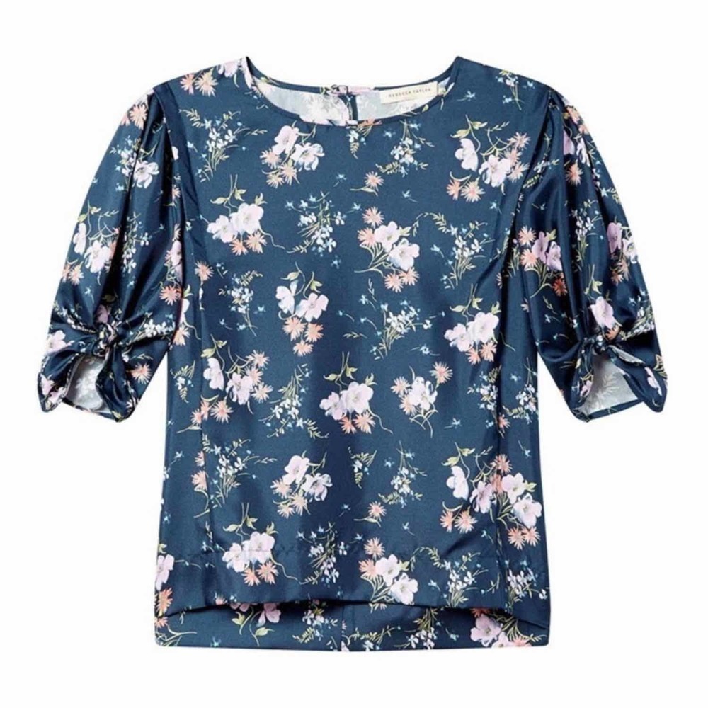 Rebecca Taylor Silk Emilia Tie Sleeve Blouse Top Teal Floral Size 4